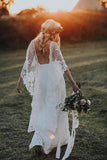Ivory Wedding Dresses with Batwing Sleeve Lace Backless Bridal Dress OKN89