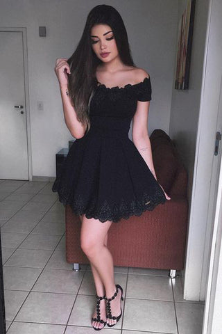 Black Prom Dresses,A-Line Prom Dress,Off-The-Shoulder Homecoming Dresses,Black Homecoming Dresses,Short Homecoming Dress,Lace Homecoming Dresses