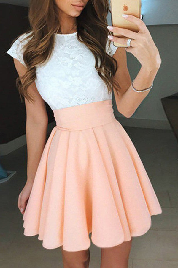 A-Line Homecoming Dresses,Jewel Homecoming Dresses,Cap Sleeves Homecoming Dresses,White Lace Prom Dresses,Short Party Dresses,Pearl Pink Homecoming Dresses,Lace Prom Dresses,Graduation Dresses 