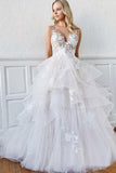 Romantic A-Line V Neck Tiered Appliques Tulle Long Wedding Dress OKM87