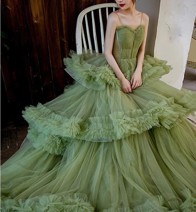 Green Tulle Prom Dresses Off the Shoulder Formal Gown 21860 – vigocouture