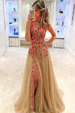 A Line Tulle Floral Appliques V-Neck Long Prom/Evening Dress With Slit OK125