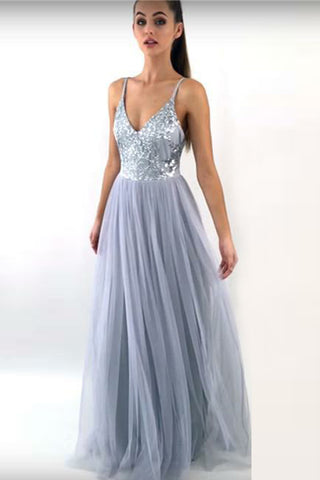 Charming Prom Dress,A Line Prom Dress,Spaghetti Straps Evening Gowns,,V Neck Evening   Dresses,Long Prom Dress,Grey Evening Dress,Tulle Prom Dress