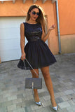 Popular Round-Neck Sleeveless Sequins Elegant Dark Blue Homecoming Dresses OKC87