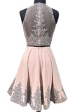 Two Pieces A-line Illusion Mini Lace Appliqued Beaded Short Homecoming Dress OKA71