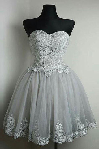 Strapless Homecoming Dresses,Grey Homecoming Dress,Strapless Prom Dresses,Appliqued Prom Dress,Short Homecoming Dress,Lace Homecoming Dresses