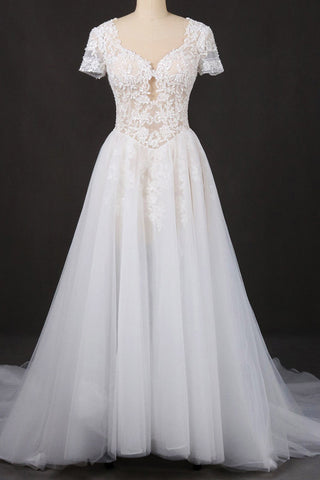Off White A Line Short Sleeves Lace Appliques Wedding Dresses, Bridal Gown OKQ32