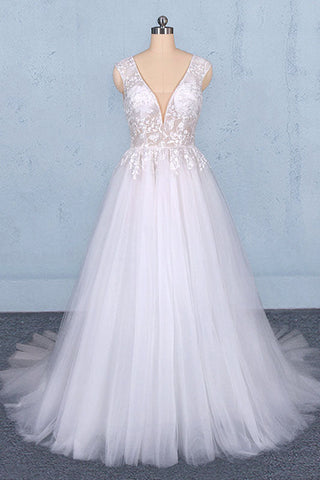 Stunning A Line V Neck Tulle Lace Appliques Wedding Dress  Bridal Dress OKQ12