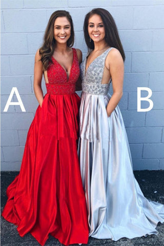 Cheap A-line Deep V Neck Beading Backless Long Prom Dresses With Pockets OKG42