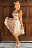 A-line V Neck Gold Sequin Two Piece Short Homecoming Dress OKB68