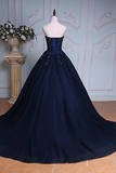 Navy Blue Ball Gown Court Train Sweetheart Strapless Appliques Prom Dresses OK625