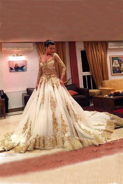  Gold Prom Dresses With Lace,Long SleevesWedding Dresses, V-Neck Prom Gown,Beading Prom Dresses With Chapel Train,Ball Gown Wedding Dresses