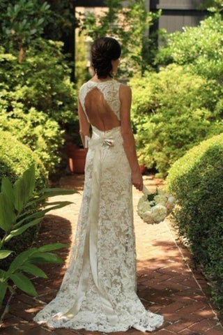 Ivory Wedding Dresses,Sleeveless Wedding Dresses,Lace Wedding Dress,Sweep Train Bridal   Dress,Sheath Wedding Gown,Long Wedding Dress,Open Back Wedding Dresses