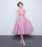 Elegant Lace Appliques Beaded A-line See Through Tea Length Homecoming Dress OKC10