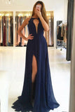Navy Blue Prom Dresses,A Line Prom Gown,Split Prom Dress,Chiffon Prom Dress,Open Back Prom Dress