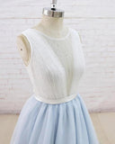 Light Blue Tulle Sheer Back A-line Round Neck Formal Prom Dress OKU11