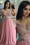 Off the Shoulder Dusty Rose Long Prom Dress Pearl Lace Formal Dress OKO98