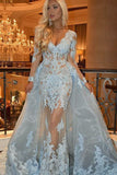 Detachable V-Neck Long Sleeve Prom Dresses with Lace Appliques Light Blue Evening Gown OKH28