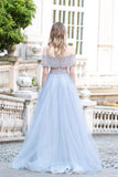 Light Blue Tulle Long Prom Dress Beaded Aline Formal Gowns OKW68