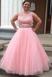 Pink Tulle High Neck Long Beading Plus Size Prom Dresses With Lace Top OK660