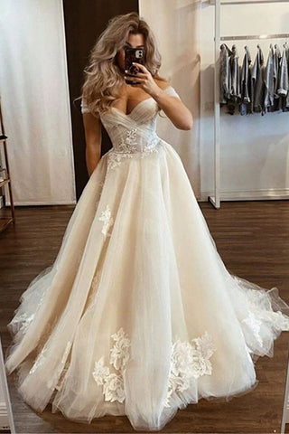 Off The Shoulder Lace Sweetheart Tulle Applique Wedding Dress Puffy Ball Gowns OKV34