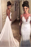 Elegant Spaghetti Straps Mermaid Long Lace Backless Wedding Dress with Court Train OKB02