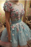 A Line Short Sleeves Homecoming Dress, Princess Short Prom Dress With Flowers OKM52