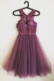 Grape Lace Top A-Line Short Tulle Cheap Homecoming Dress OKD15