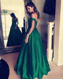 A Line Off The Shoulder Simple Green Long Cheap Prom Dress With Pockets OKH21