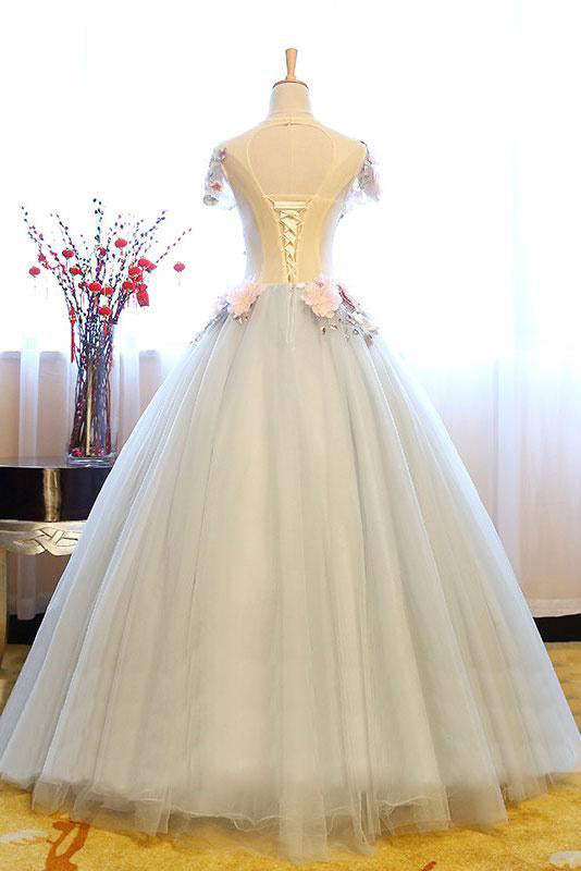 White Princess Deep V Neck Flowers Cap Sleeves Long Ball Gown Prom Dresses, Quinceanera Dress OK689