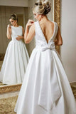A-Line Jewel V Back Floor-Length Satin Wedding Dress with Beading Bowknot OKR80