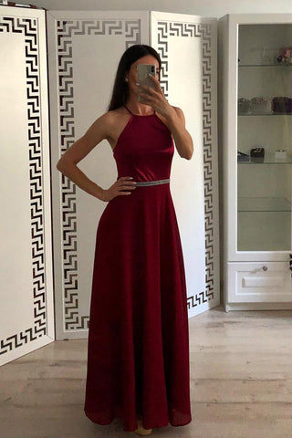 Fashion Burgundy A Line Halter Chiffon Simple Prom Dress OKI50