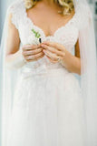 White V-Neck Lace Top Tulle Cap Sleeve A-Line Wedding Dresses OK593