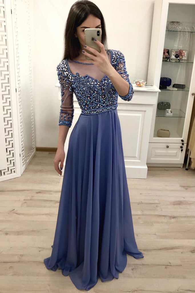 Chiffon A Line 3/4 Sleeves Beaded Blue Long Prom Dress, Formal Party Dress OKI18