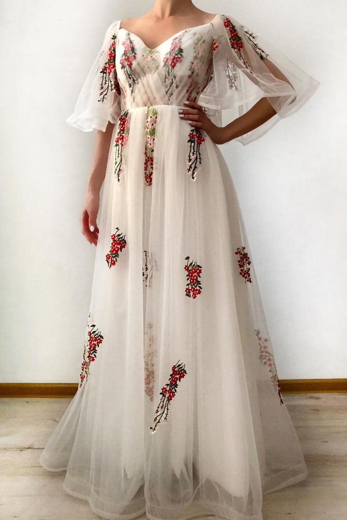 A Line Ivory Half Sleeves Floral Appliques Tulle Long Prom Dress OKI49