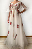 A Line Ivory Half Sleeves Floral Appliques Tulle Long Prom Dress OKI49