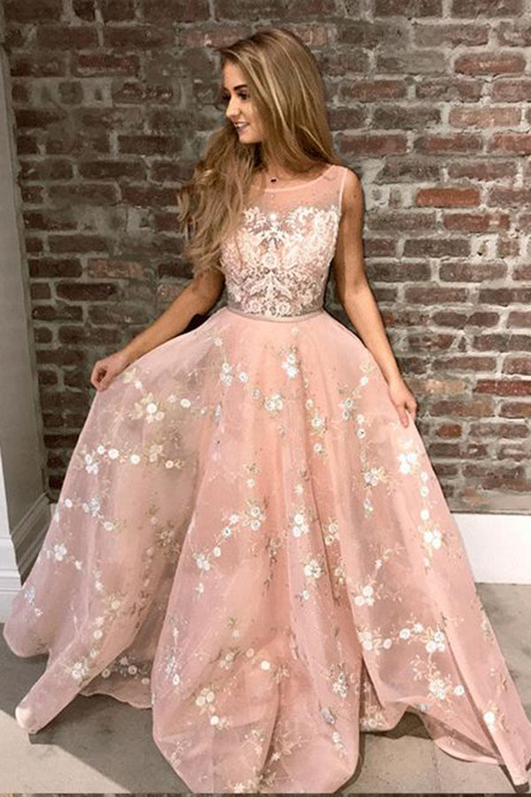 Stylish Prom Dresses,A-Line Prom Gown,Pink Prom Dress,Appliques Prom Dress