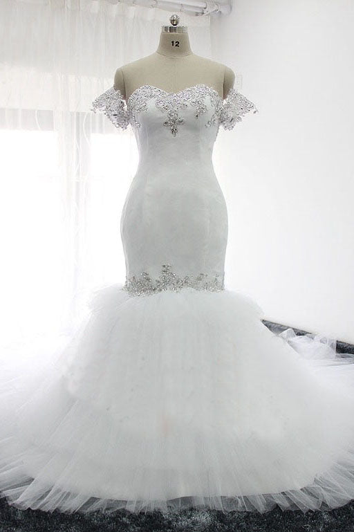 Mermaid Sweetheart White Beading Wedding Dress Elegant Bridal Dress OKQ77