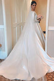 Vintage Ivory A-line Wedding Dress Long Sleeves Satin Bridal Gowns OKX7