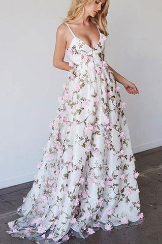 Princess A-line V-neck Straps Floral Lace Long Prom Dress OKA82