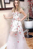 A-Line Sweetheart Long White Tulle Prom Dresses with Floral Appliques OKF73