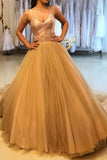 Pretty A-Line Spaghetti Straps Tulle Gold Long Prom Dress OKH7