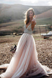 A-line Wedding Dress, V Neck Wedding Dress, Beading prom Dress,  Beach Wedding Dress,Pink Wedding Dress, Blush Pink Prom Dress,Tulle  Prom Dress