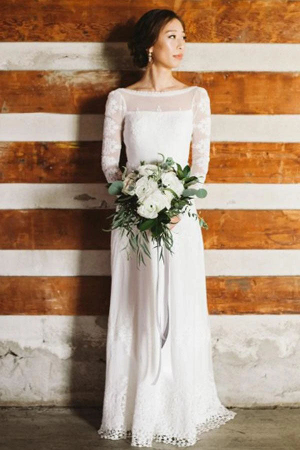 Unique Bateau Neck Long Sleeves Backless Lace Wedding Dress OKU46