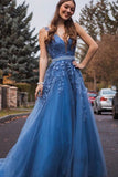 A-line Blue Long Beaded Prom Dress  Formal Lace Appliques Prom Gowns OKT42