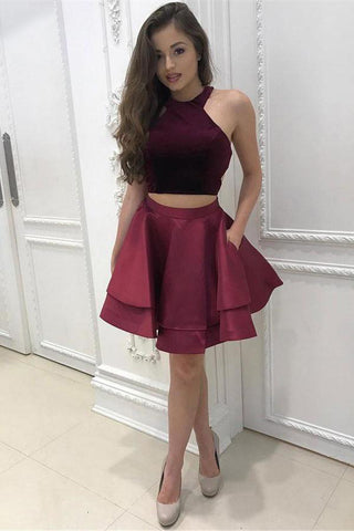 Cheap Two Pieces Simple Short Burgundy Satin Homecoming Dresses For Teens OKD19