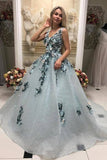 A Line V Neck Long Prom Gowns With Appliques, Formal Evening Dress OKL31