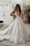 A Line Deep V Neck Ivory Lace Appliques Wedding Dress Chic Ivory Bridal Dress OKZ38