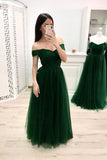 Simple A Line Off the Shoulder Prom Dress, Long Tulle Green Prom Dress OKK25