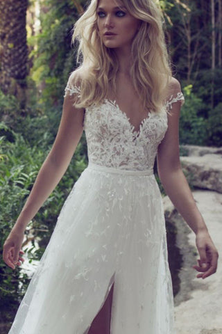 Lace Wedding Dresses, Boho Wedding Gown,Off the shoulder Wedding Dress,Cap Sleeves Wedding Dresses,Country Slit Wedding Gown,Beach Wedding Dress